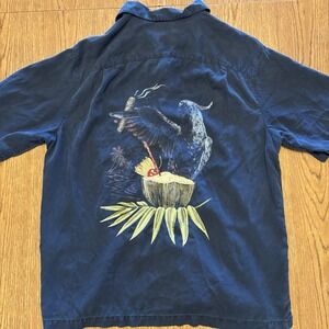 Caribbean‎ Blue Parrot Cocktail Shirt Large Tencel Tropical Embroidered
